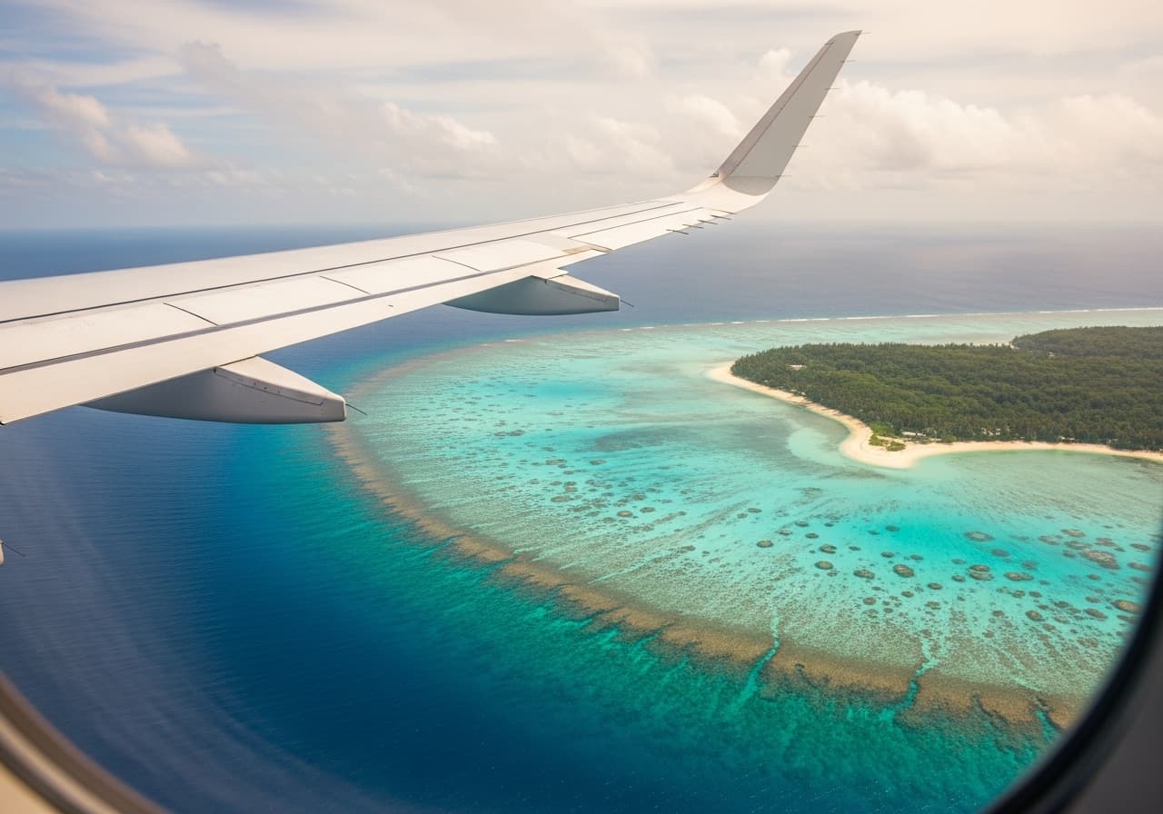 飛行機の窓から見える石垣島周辺のサンゴ礁と離島