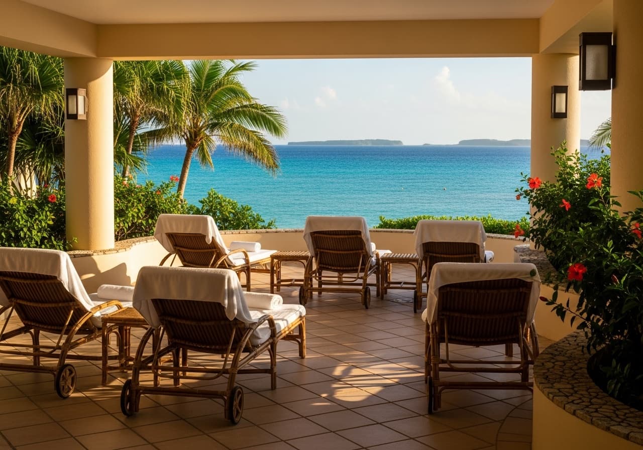 海に面したリゾートホテルのテラスに並ぶラウンジチェア